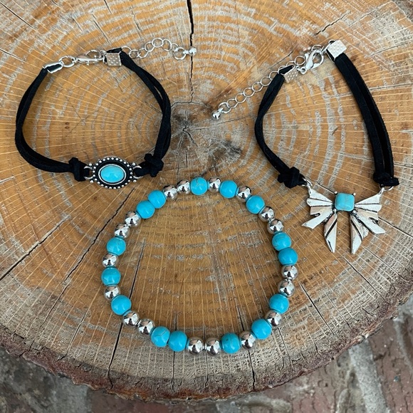 Bow Bracelet Set with Black Faux Leather & Turquoise - Picture 2 of 2